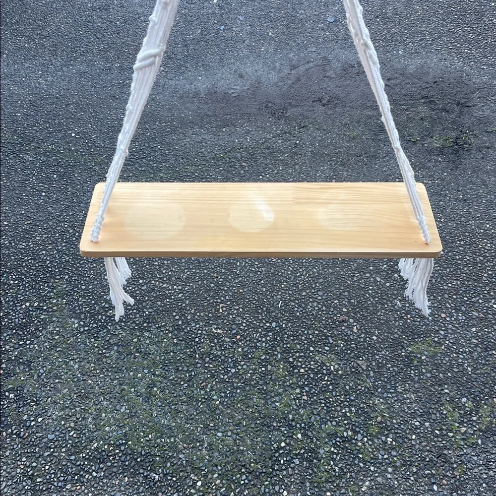 Natural Wood Hanging Shelf with White Ropes